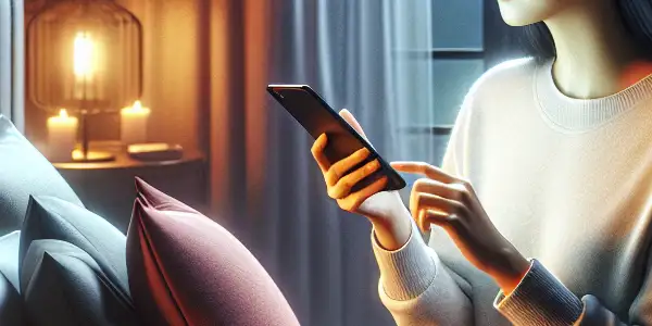 A cozy bedroom with a person enjoying a mobile VR experience, surrounded by tech gadgets and intimate decor.