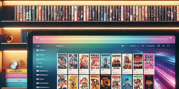 A cozy home office displaying an organized collection of Japanese adult films on shelves and a computer screen with popular platforms.