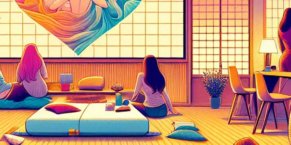 A cozy living room scene with diverse individuals enjoying relaxation and entertainment, featuring warm lighting and cultural elements.