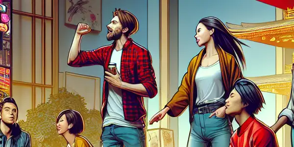 A lively gathering of diverse adults in a stylish living room, engaged in playful interactions and enjoying Japanese adult film snippets.