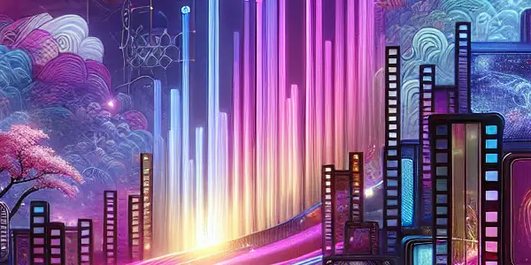 A vibrant, futuristic digital interface showcasing Japanese AV content with neon lights, cherry blossoms, and swirling colors.