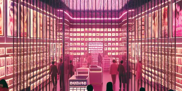 A modern adult store with vibrant displays, inviting atmosphere, and diverse curious customers outside.