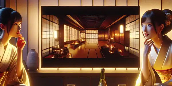 Two elegant Japanese actresses playfully interact in a stylish, modern apartment with cinematic decor and inviting ambiance.