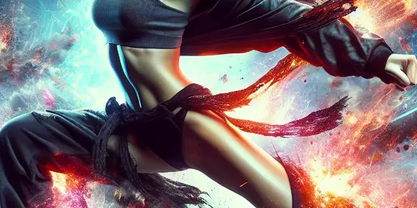 A powerful martial artist performs acrobatic moves in a vibrant, neon-lit urban setting, exuding action and sensuality.