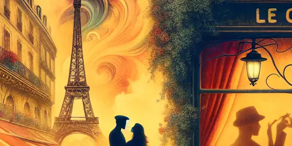 A romantic Parisian street scene at sunset, featuring a couple in an intimate embrace at a vintage café.
