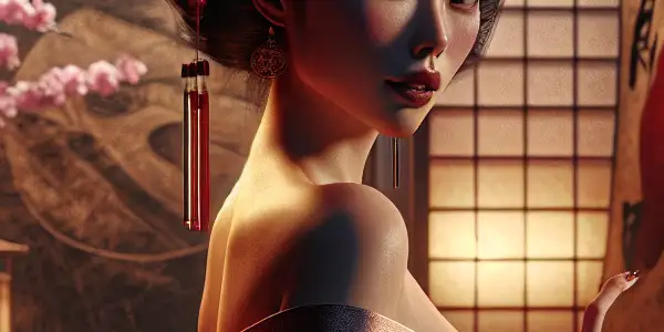 A confident woman in a kimono amidst cherry blossoms and film reels, evoking intimacy and allure in a dimly lit room.