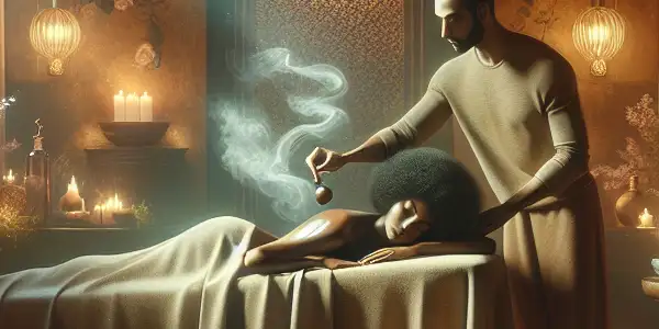 A serene massage scene with two figures, essential oils, soft lighting, and a tranquil atmosphere.
