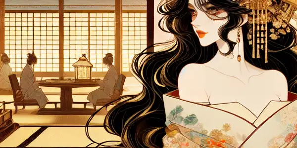 A beautiful character in a kimono poses in a lavish Japanese setting with cherry blossoms and motifs of luck.