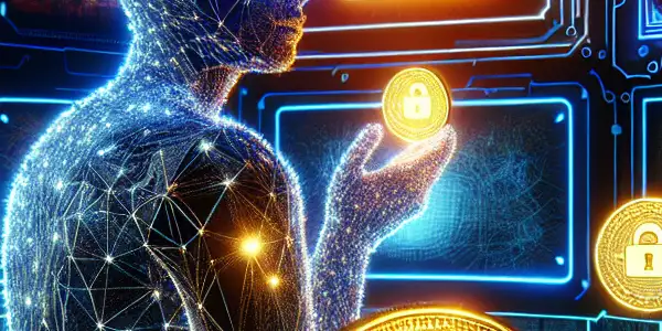 A futuristic digital platform showcasing glowing "安全成人金币" coins, with a user in a VR headset exploring adult content securely.