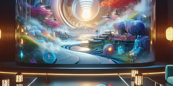 A luxurious VR room featuring a sleek headset and a vibrant 3D-rendered Japanese AV scene.