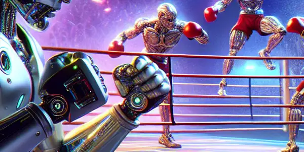 Futuristic robotic boxers clash in a high-tech arena, surrounded by a cheering crowd and colorful LED lights.