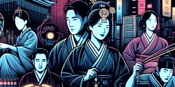 A vibrant urban scene blending Japanese and Korean symbols, featuring diverse characters from the adult film industry.