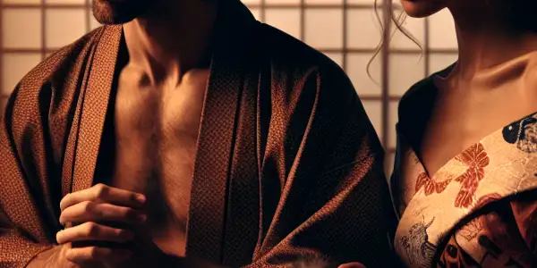 A husband and wife in traditional attire share a tense, intimate moment in a cozy Japanese room.