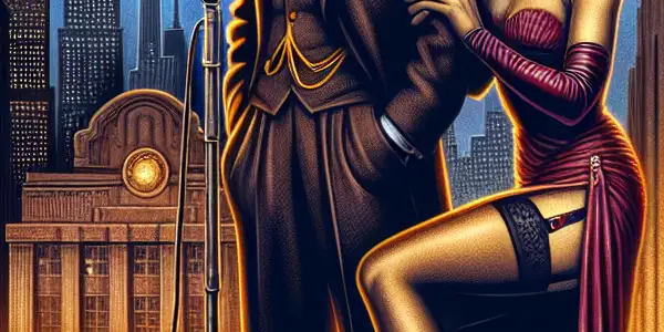 A vintage film set depicting a politician and actress, blending political satire with suggestive themes and power dynamics.