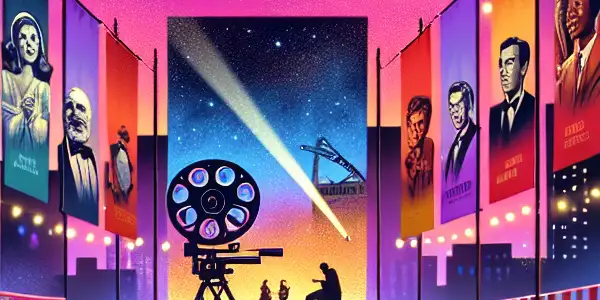 A vibrant outdoor film festival celebrating diverse adult film genres, featuring colorful banners, diverse attendees, and cinematic props.