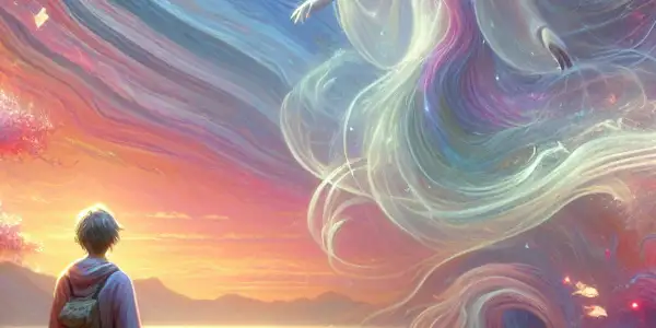 A dreamlike landscape featuring a captivated protagonist and an ethereal, ghostly Japanese actress above a shimmering shoreline.