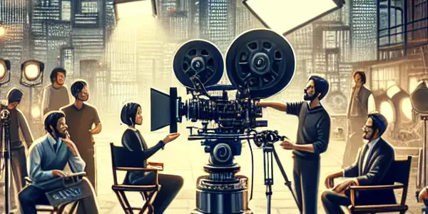 A vibrant Japanese film studio with diverse filmmakers collaborating on adult film production, showcasing equipment and creativity.